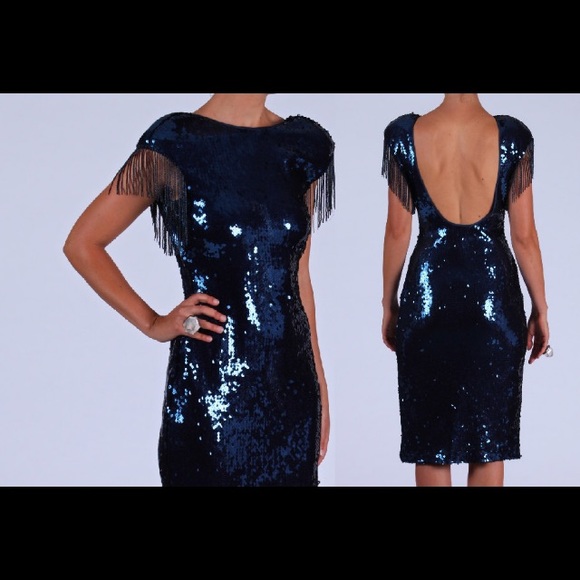 SOLD πVTG Blue Sequin Midi Fringe Open Back Dress M - Picture 3 of 16